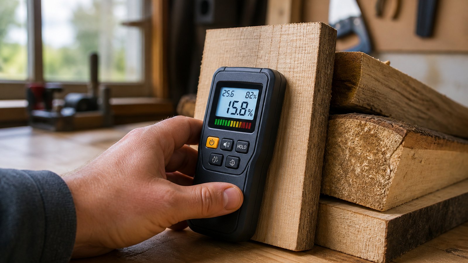 Pinless moisture meter checking indoor timber on a UK bench