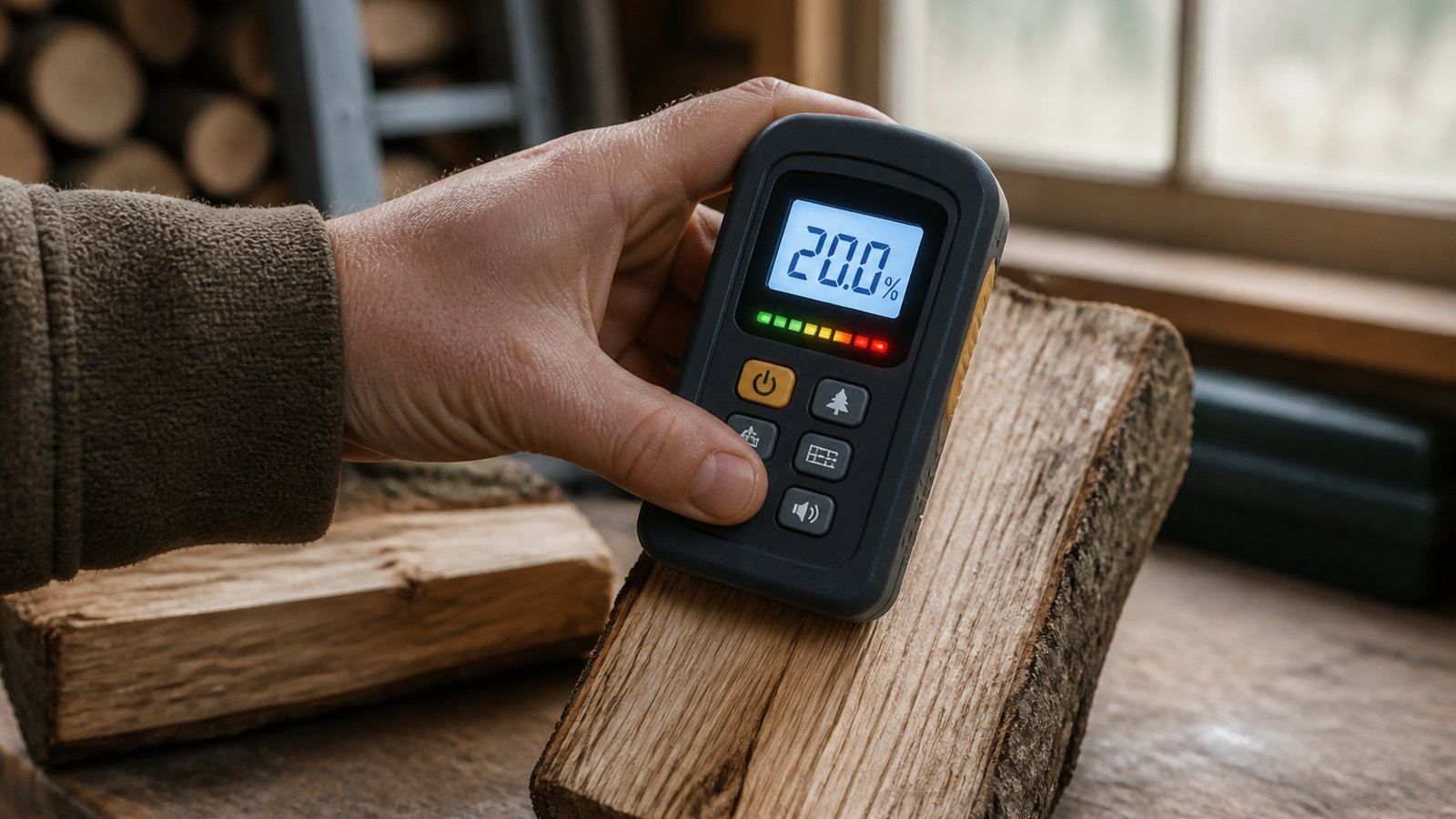 Pinless moisture meter checking indoor timber on a UK bench