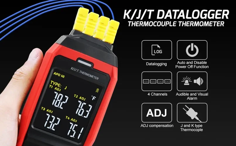 Handheld K/J/T thermocouple datalogger thermometer with four yellow probe ports and LCD showing temperature readings, alongside feature icons for datalogging, auto power off, four channels, alarms and compensation.